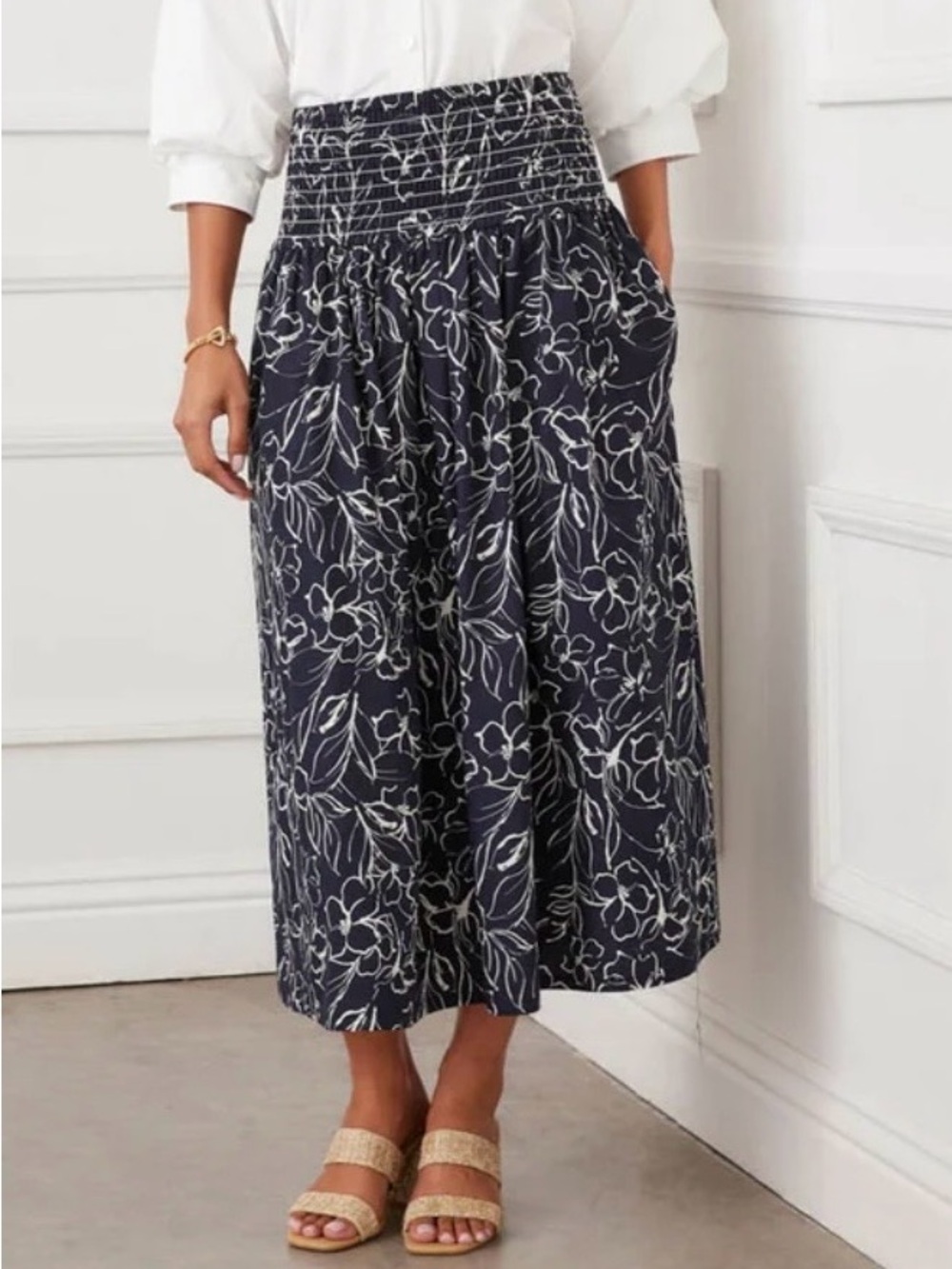 Karen Kane Navy Floral Smocked Waist Maxi Skirt